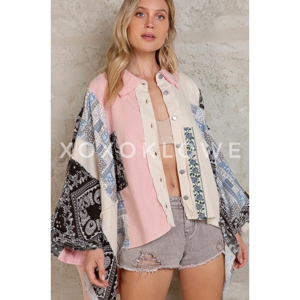 POL Patchwork 3/4 Sleeve Oversized Lightweight Shirt in Pink Ivory Black